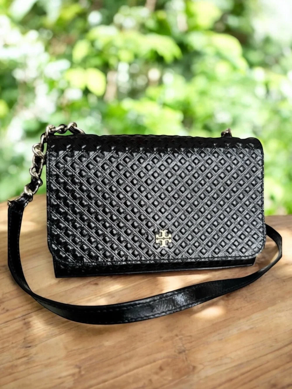 🆕 Tory Burch Marion Patent Flap Shoulder Bag Crossbody Black Embossed Leather